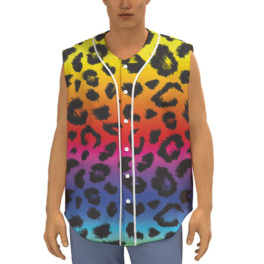 Rainbow Leopard Print Sleeveless Baseball Jersey