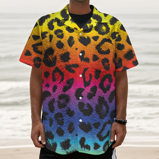 Rainbow Leopard Print Textured Short Sleeve Shirt