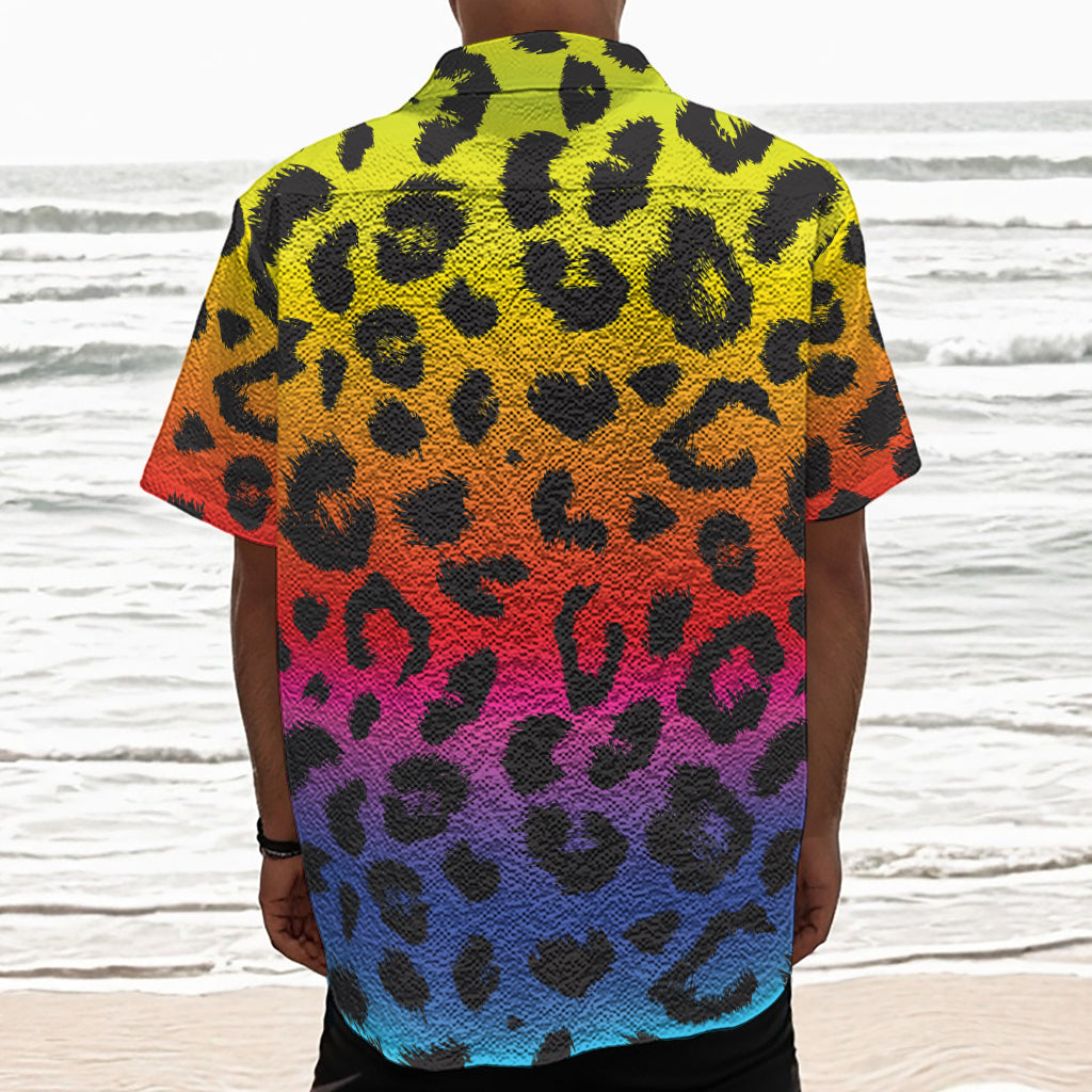 Rainbow Leopard Print Textured Short Sleeve Shirt