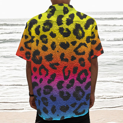 Rainbow Leopard Print Textured Short Sleeve Shirt