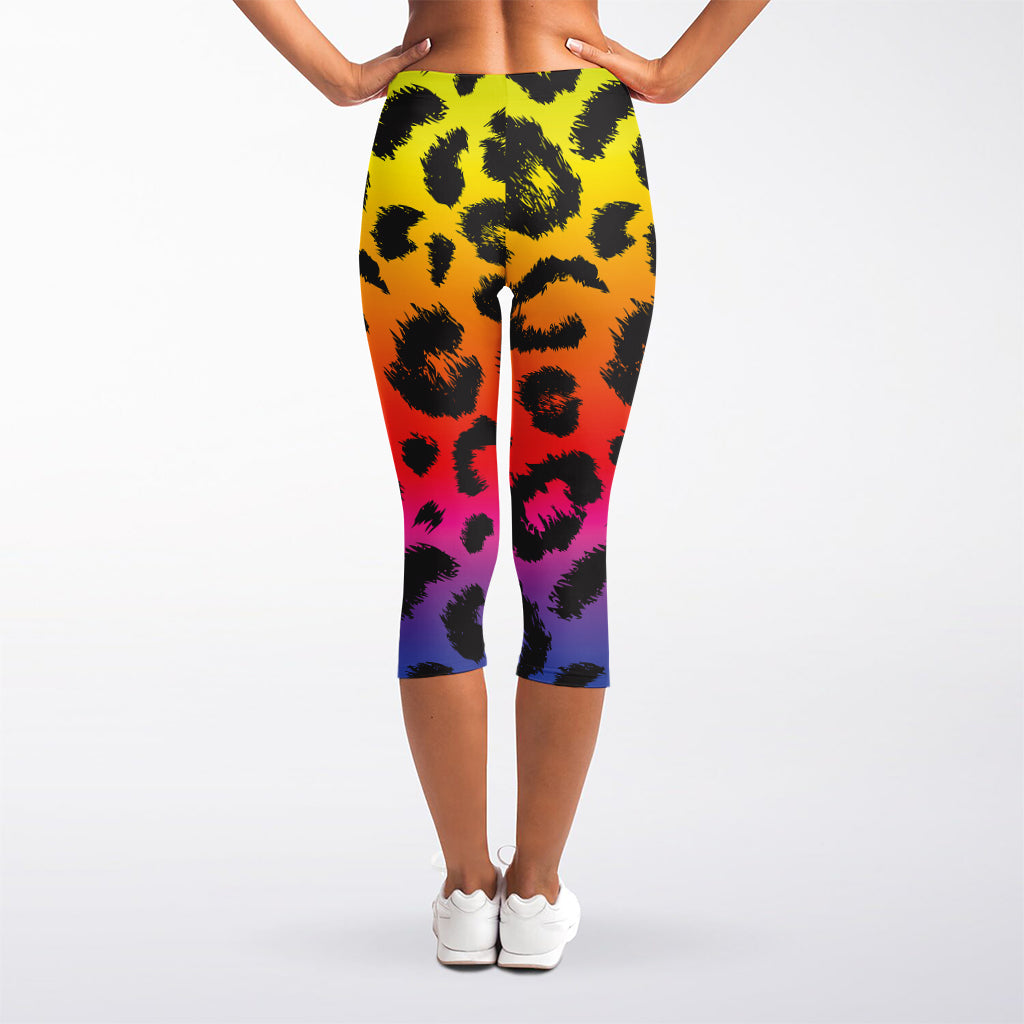 Rainbow Leopard Print Women's Capri Leggings