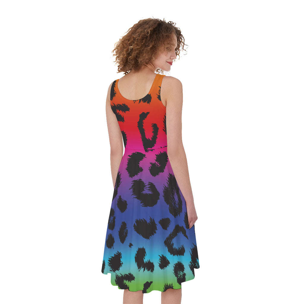 Rainbow Leopard Print Women's Sleeveless Dress