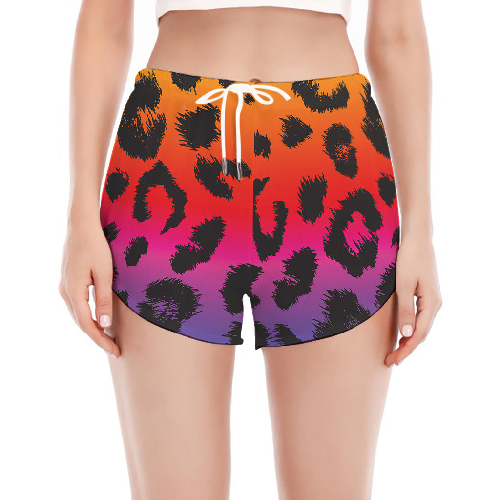 Rainbow Leopard Print Women's Split Running Shorts