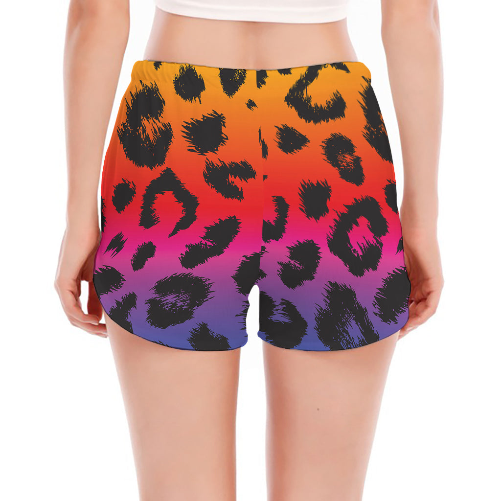Rainbow Leopard Print Women's Split Running Shorts