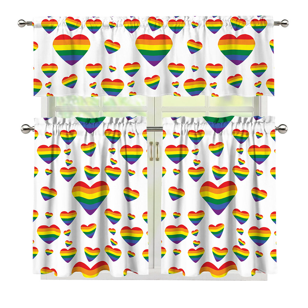 Rainbow LGBT Heart Pattern Print 3 Piece Kitchen Curtains