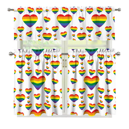 Rainbow LGBT Heart Pattern Print 3 Piece Kitchen Curtains
