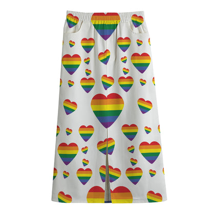 Rainbow LGBT Heart Pattern Print Cotton Front Slit Maxi Skirt