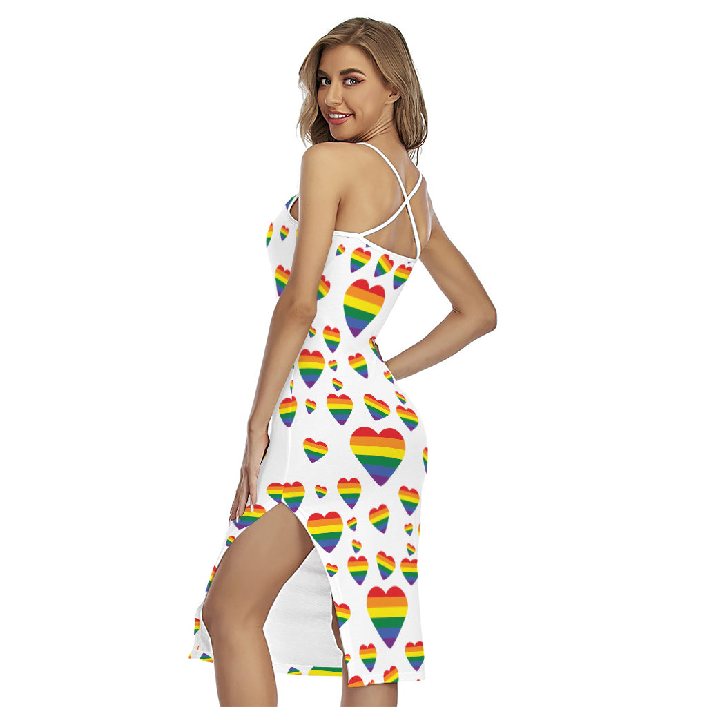 Rainbow LGBT Heart Pattern Print Cross Back Cami Dress