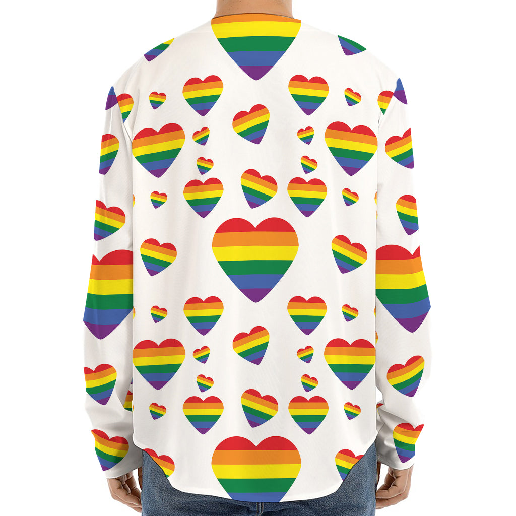 Rainbow LGBT Heart Pattern Print Long Sleeve Baseball Jersey