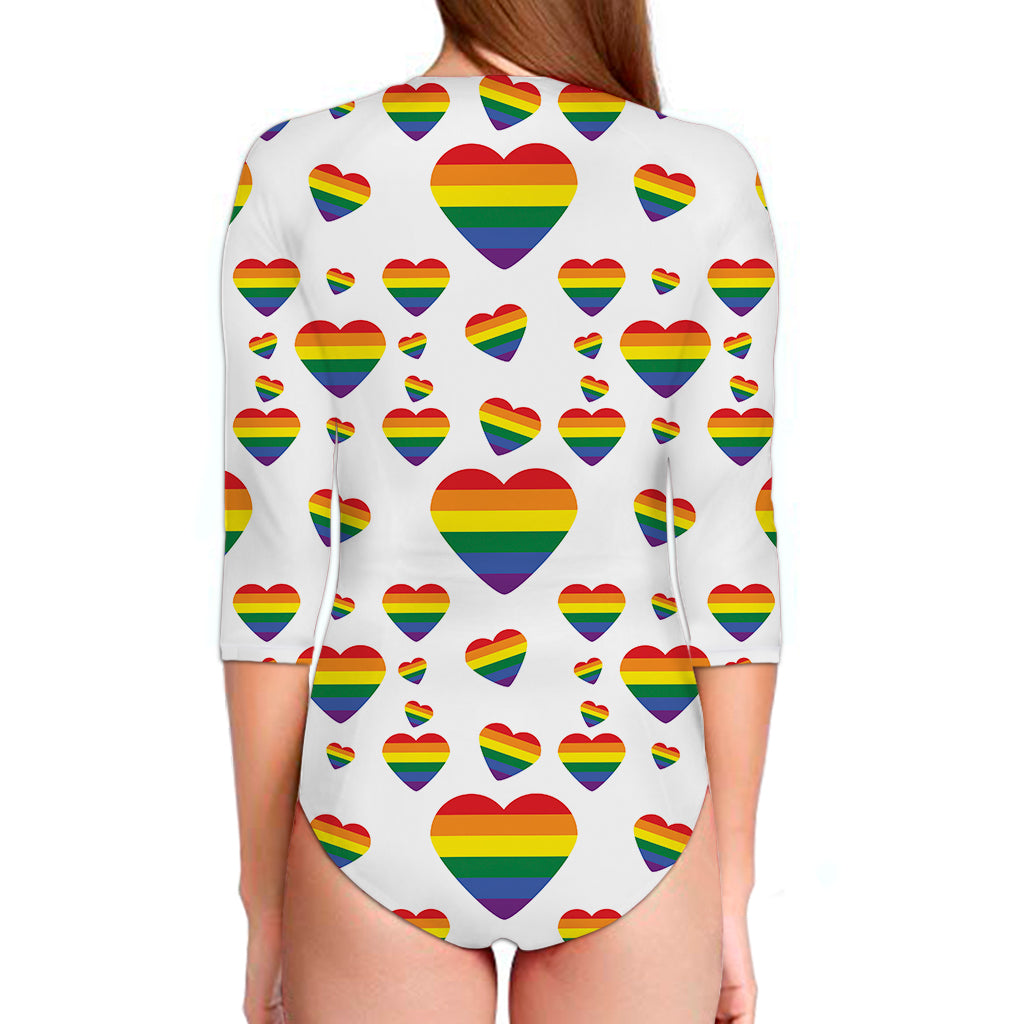 Rainbow LGBT Heart Pattern Print Long Sleeve Swimsuit