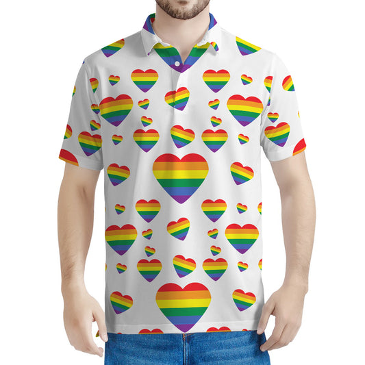 Rainbow LGBT Heart Pattern Print Men's Polo Shirt