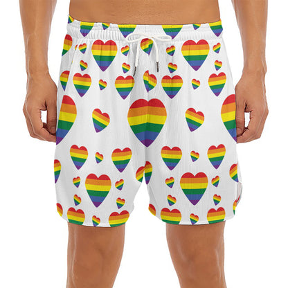 Rainbow LGBT Heart Pattern Print Men's Split Running Shorts