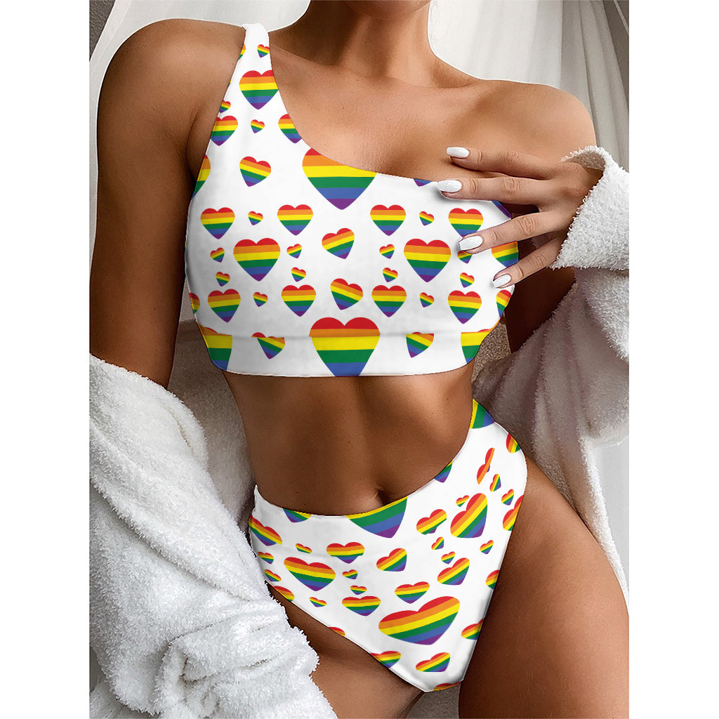 Rainbow LGBT Heart Pattern Print One Shoulder Bikini Top