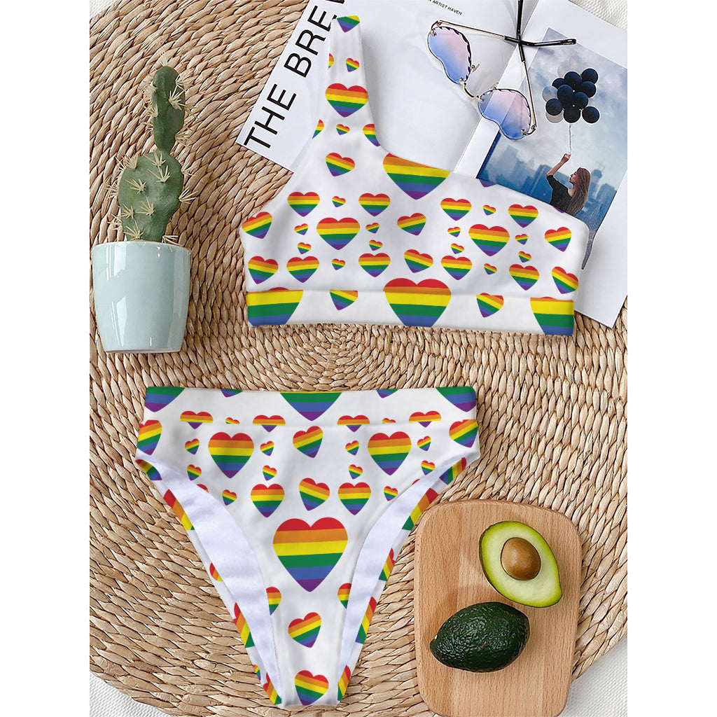 Rainbow LGBT Heart Pattern Print One Shoulder Bikini Top