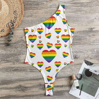 Rainbow LGBT Heart Pattern Print One Shoulder Bodysuit