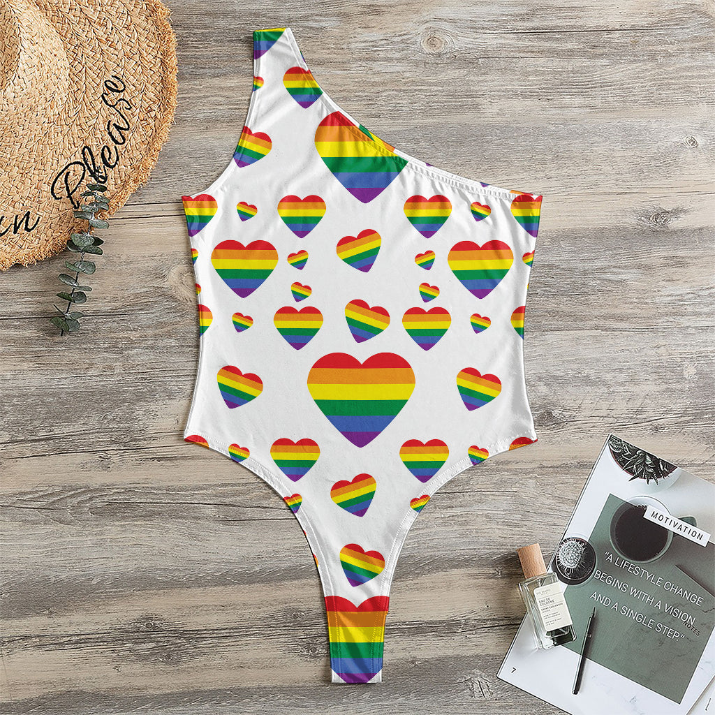 Rainbow LGBT Heart Pattern Print One Shoulder Bodysuit