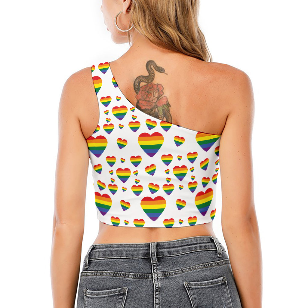 Rainbow LGBT Heart Pattern Print One Shoulder Crop Top