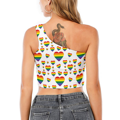 Rainbow LGBT Heart Pattern Print One Shoulder Crop Top
