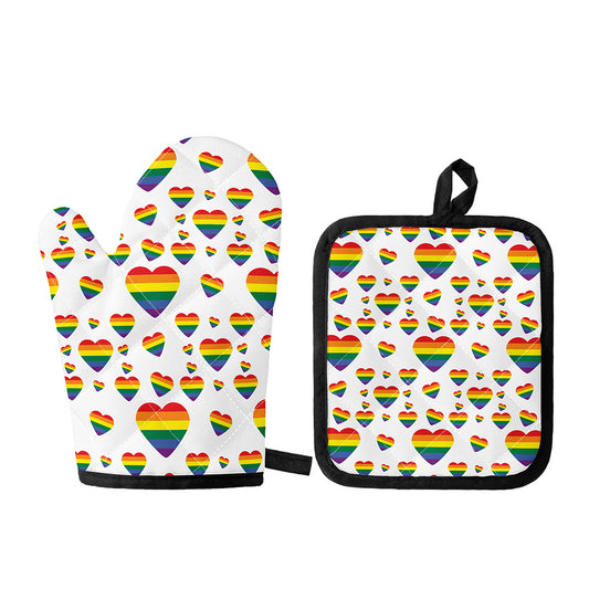 Rainbow LGBT Heart Pattern Print Oven Mitt And Pot Holder Set