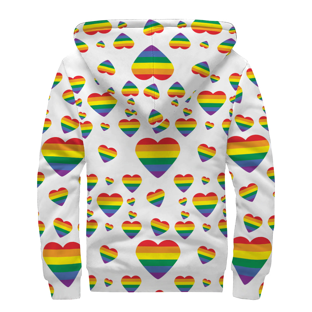 Rainbow LGBT Heart Pattern Print Sherpa Lined Zip Up Hoodie
