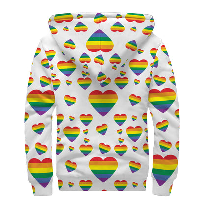 Rainbow LGBT Heart Pattern Print Sherpa Lined Zip Up Hoodie
