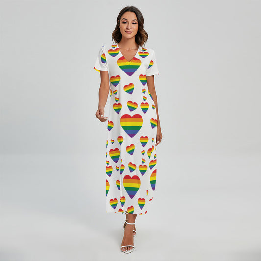 Rainbow LGBT Heart Pattern Print Short Sleeve Maxi Dress