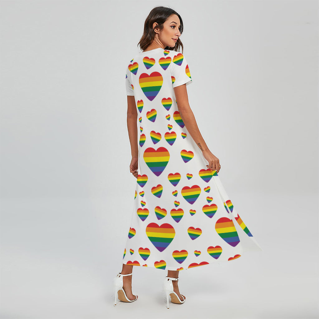 Rainbow LGBT Heart Pattern Print Short Sleeve Maxi Dress