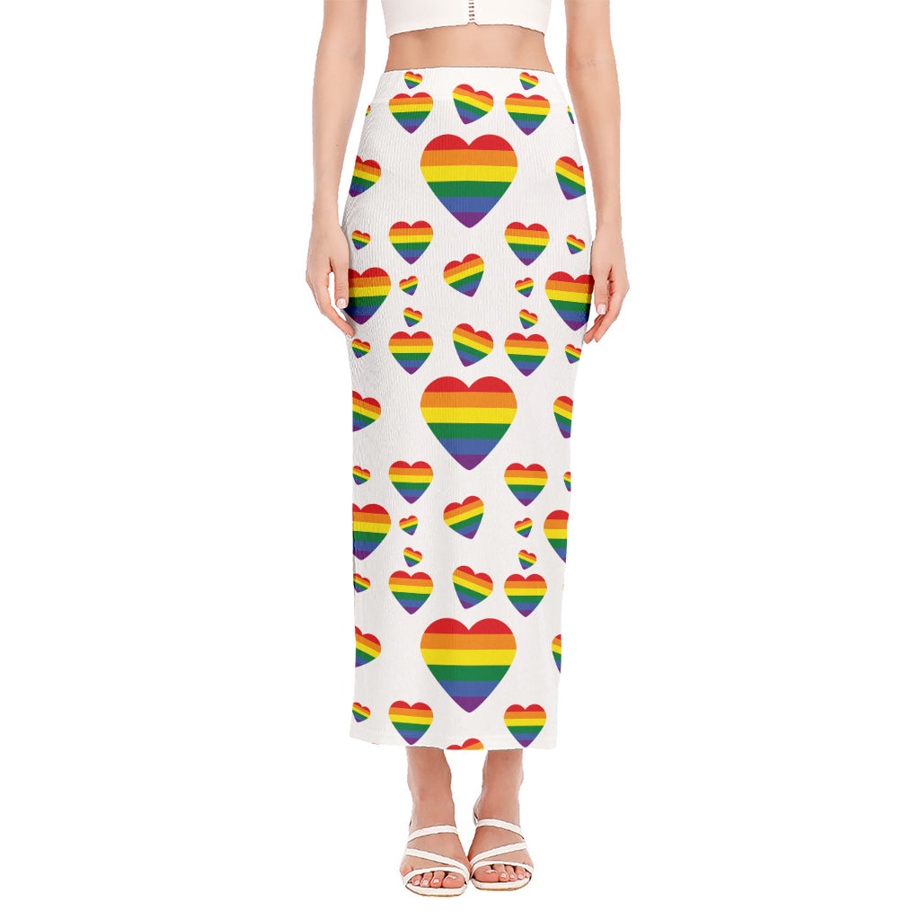 Rainbow LGBT Heart Pattern Print Side Slit Maxi Skirt