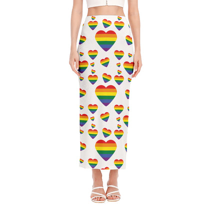 Rainbow LGBT Heart Pattern Print Side Slit Maxi Skirt