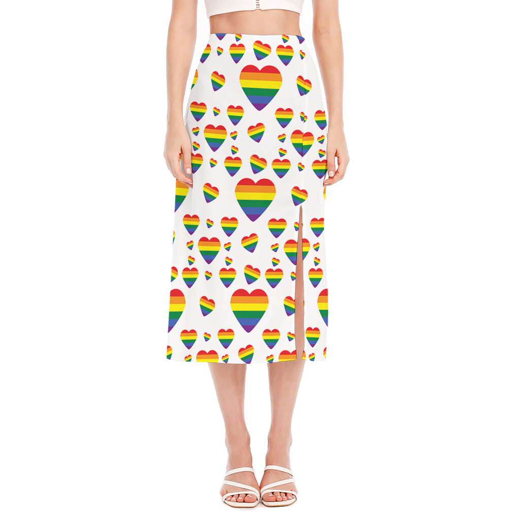 Rainbow LGBT Heart Pattern Print Side Slit Midi Skirt
