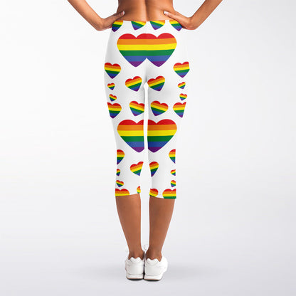 Rainbow LGBT Heart Pattern Print Women's Capri Leggings