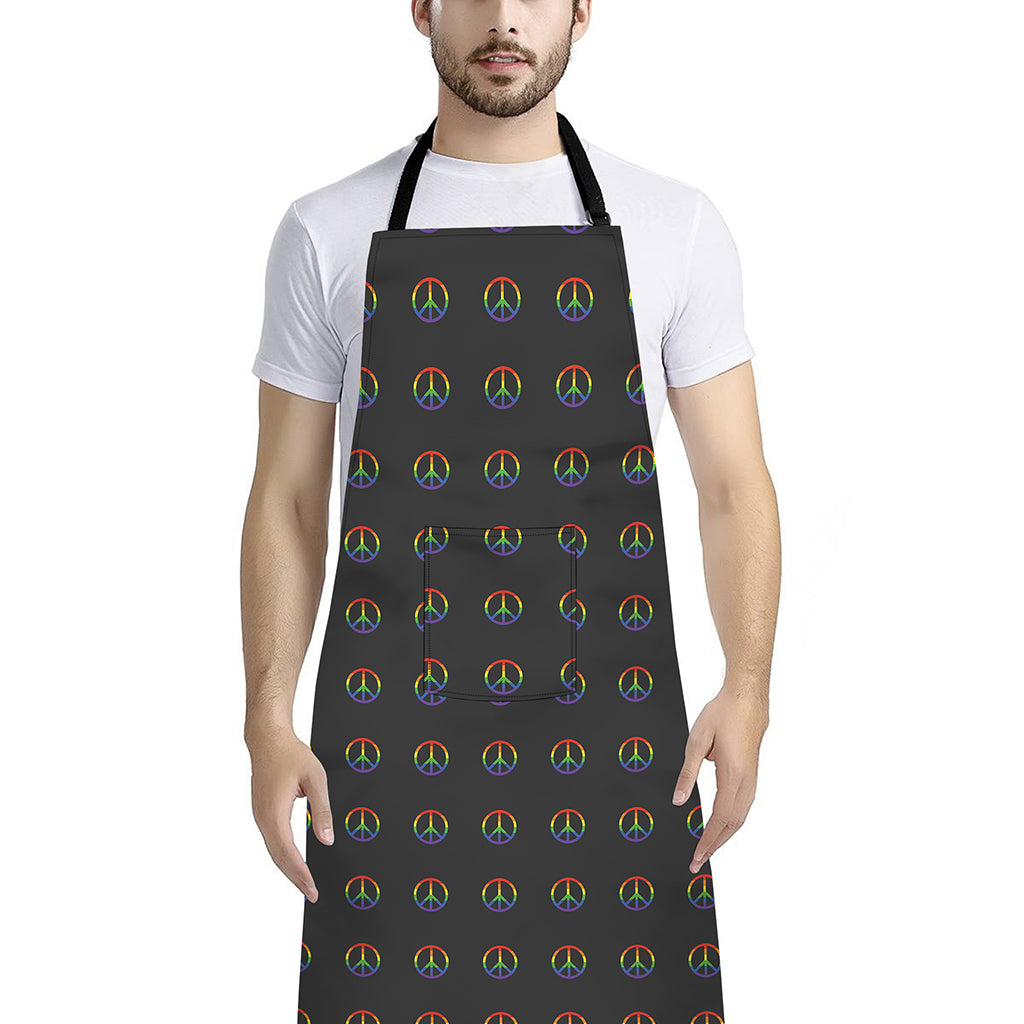 Rainbow LGBT Peace Sign Pattern Print Bib Apron With Pocket