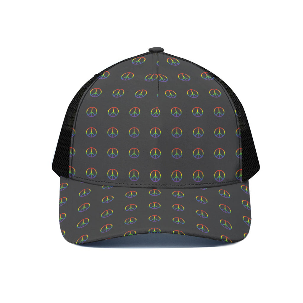 Rainbow LGBT Peace Sign Pattern Print Black Mesh Trucker Cap