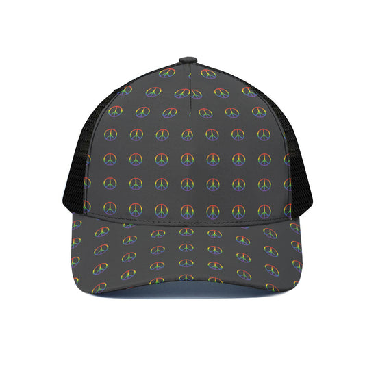 Rainbow LGBT Peace Sign Pattern Print Black Mesh Trucker Cap