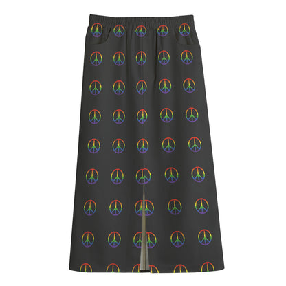 Rainbow LGBT Peace Sign Pattern Print Cotton Front Slit Maxi Skirt