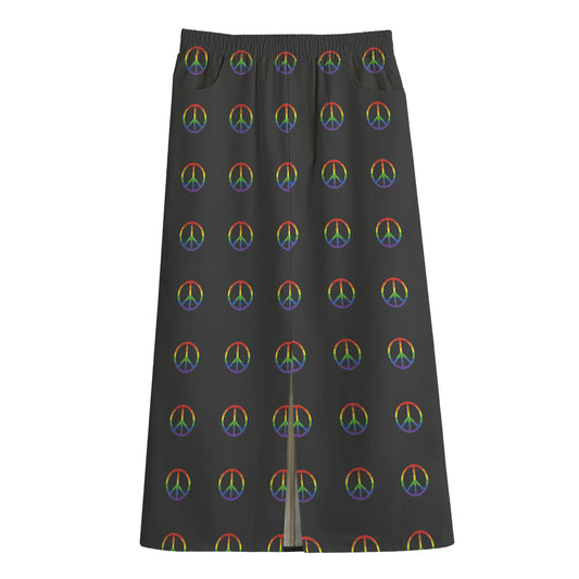 Rainbow LGBT Peace Sign Pattern Print Cotton Front Slit Maxi Skirt