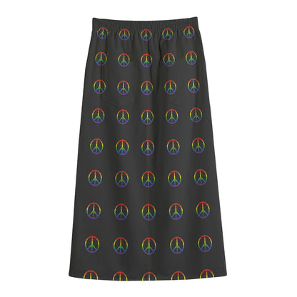 Rainbow LGBT Peace Sign Pattern Print Cotton Front Slit Maxi Skirt