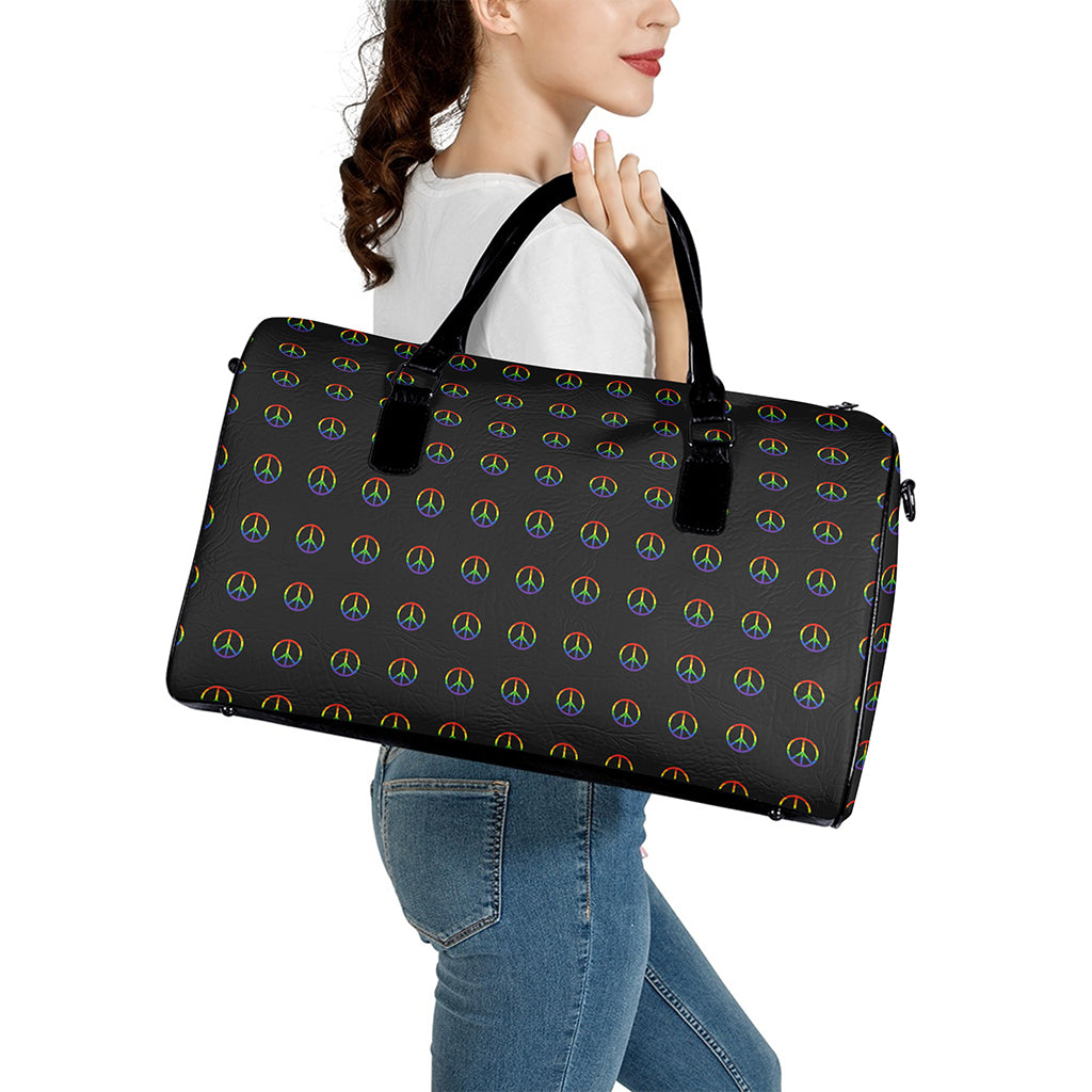 Rainbow LGBT Peace Sign Pattern Print Leather Duffle Bag