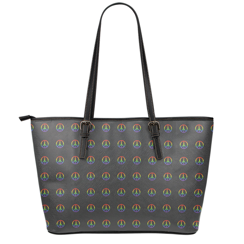 Rainbow LGBT Peace Sign Pattern Print Leather Tote Bag