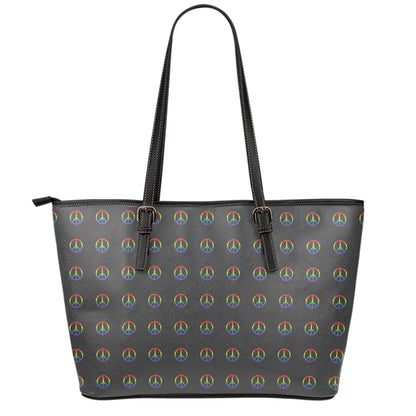 Rainbow LGBT Peace Sign Pattern Print Leather Tote Bag