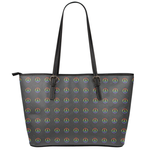 Rainbow LGBT Peace Sign Pattern Print Leather Tote Bag