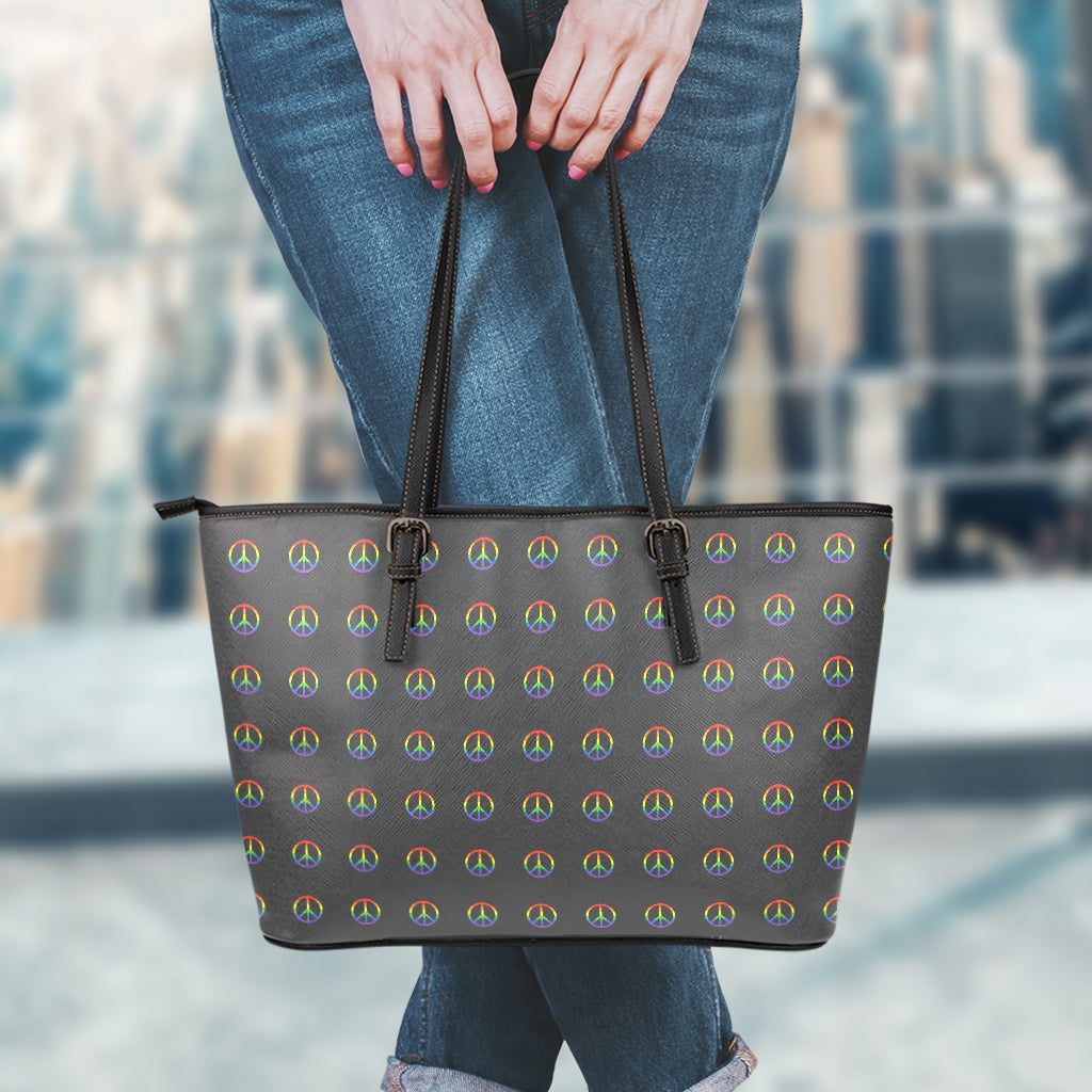 Rainbow LGBT Peace Sign Pattern Print Leather Tote Bag