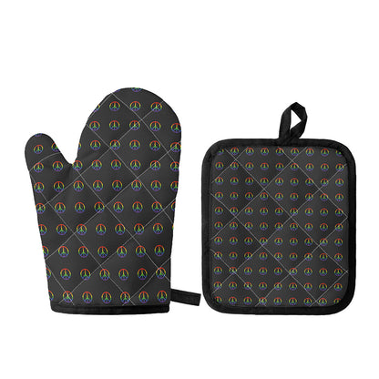 Rainbow LGBT Peace Sign Pattern Print Oven Mitt And Pot Holder Set