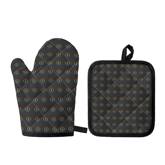 Rainbow LGBT Peace Sign Pattern Print Oven Mitt And Pot Holder Set