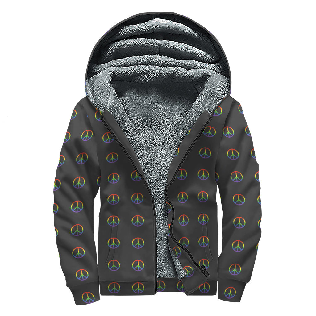 Rainbow LGBT Peace Sign Pattern Print Sherpa Lined Zip Up Hoodie