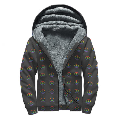 Rainbow LGBT Peace Sign Pattern Print Sherpa Lined Zip Up Hoodie