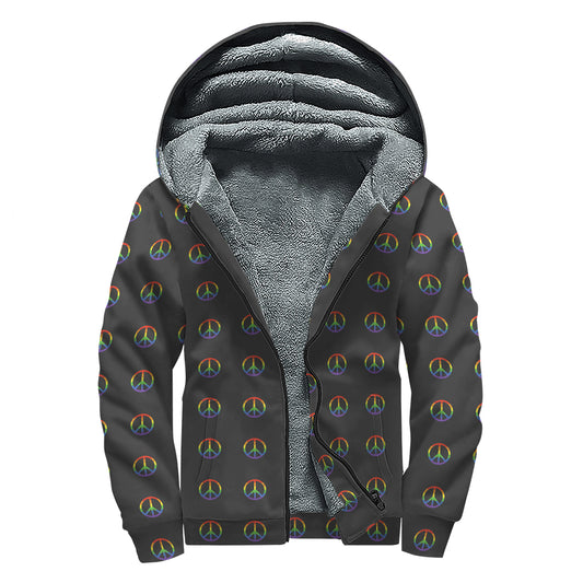 Rainbow LGBT Peace Sign Pattern Print Sherpa Lined Zip Up Hoodie