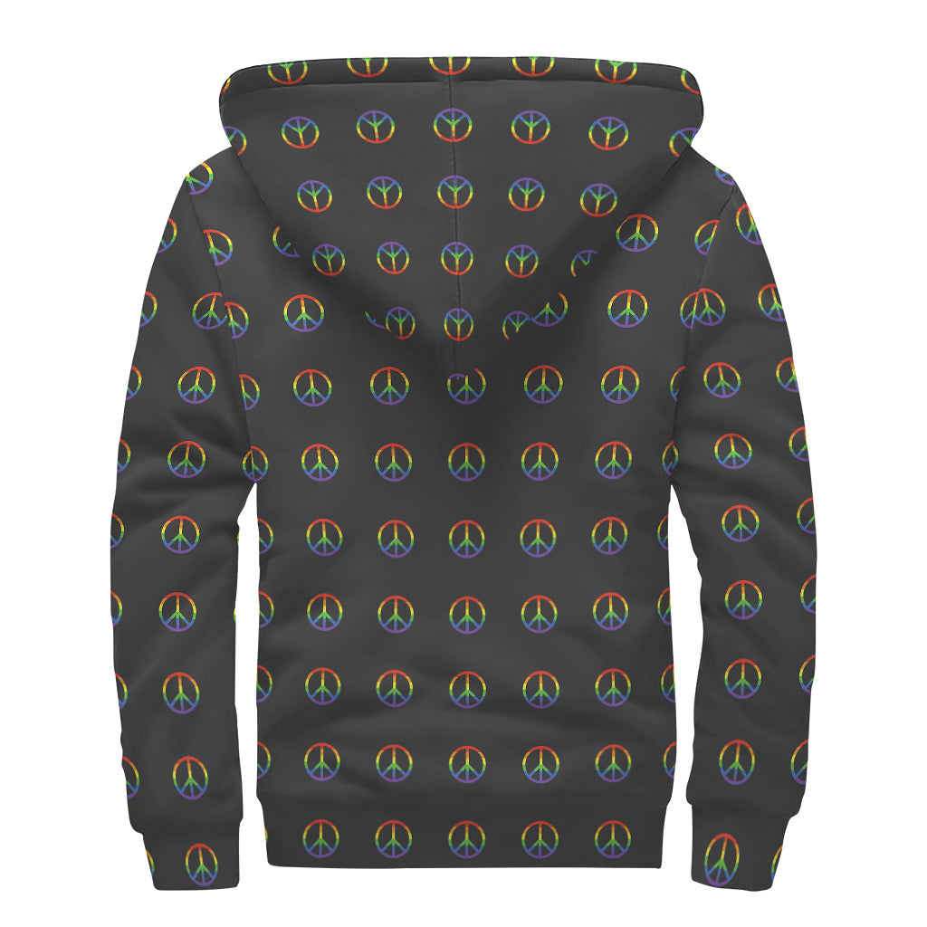 Rainbow LGBT Peace Sign Pattern Print Sherpa Lined Zip Up Hoodie