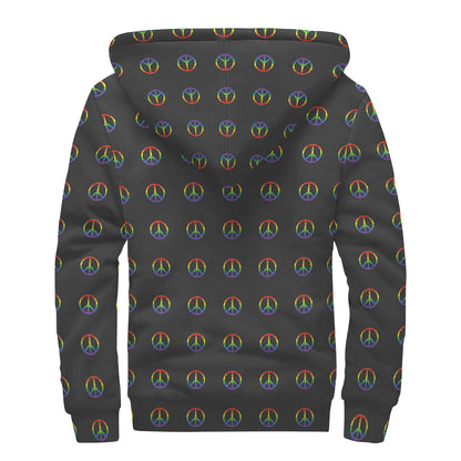 Rainbow LGBT Peace Sign Pattern Print Sherpa Lined Zip Up Hoodie