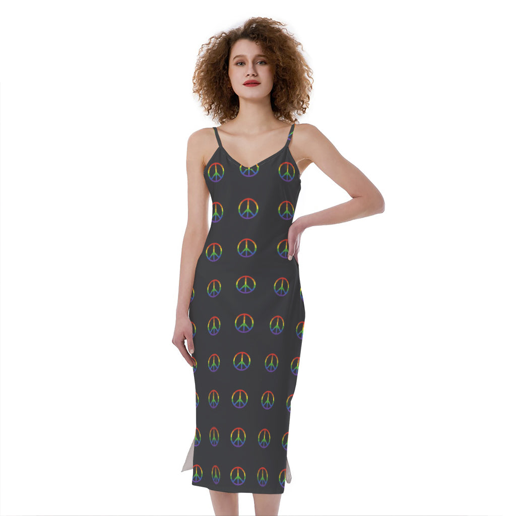 Rainbow LGBT Peace Sign Pattern Print Slim Fit Midi Cami Dress